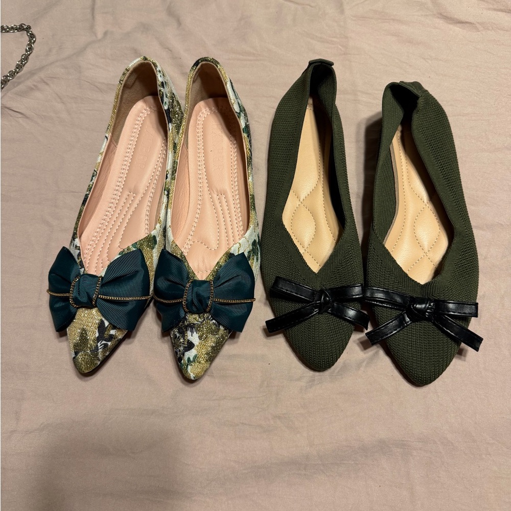 Aldo Olive Green Pointed Toe Flats Duo with Bows (2 pairs) brand new